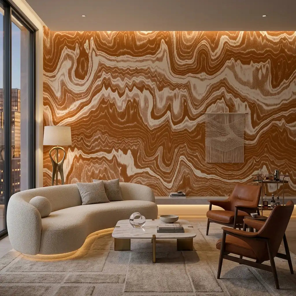 Molten Wave Stripe Wallpaper – Spiced Cinnamon room