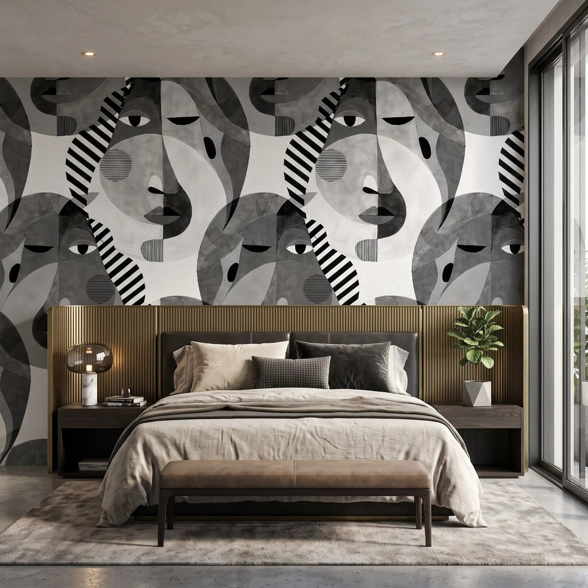 Monochrome Leaf Wallpaper Mural – Bedroom