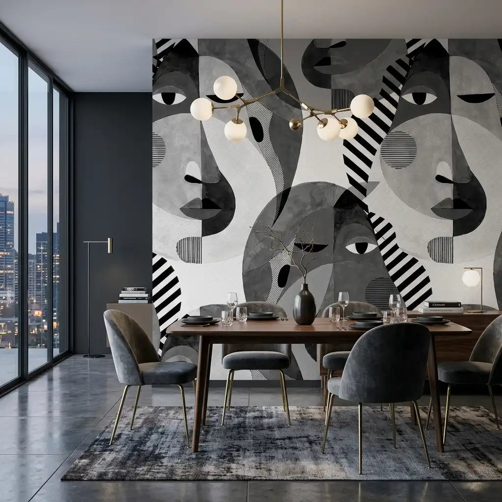 Monochrome Leaf Wallpaper Mural – Dining Room