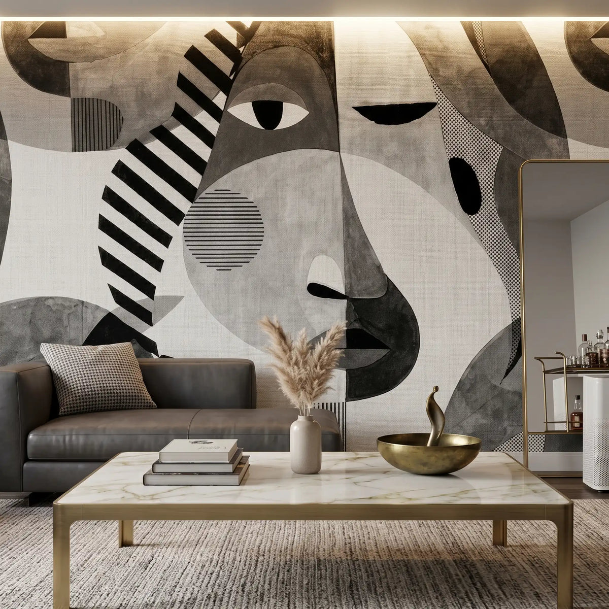 Monochrome Leaf Wallpaper Mural – Living Room