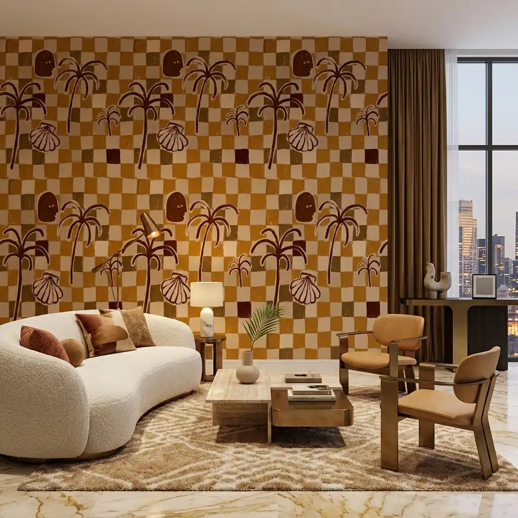Riviera Palms Checkerboard Wallpaper – Golden Mocha