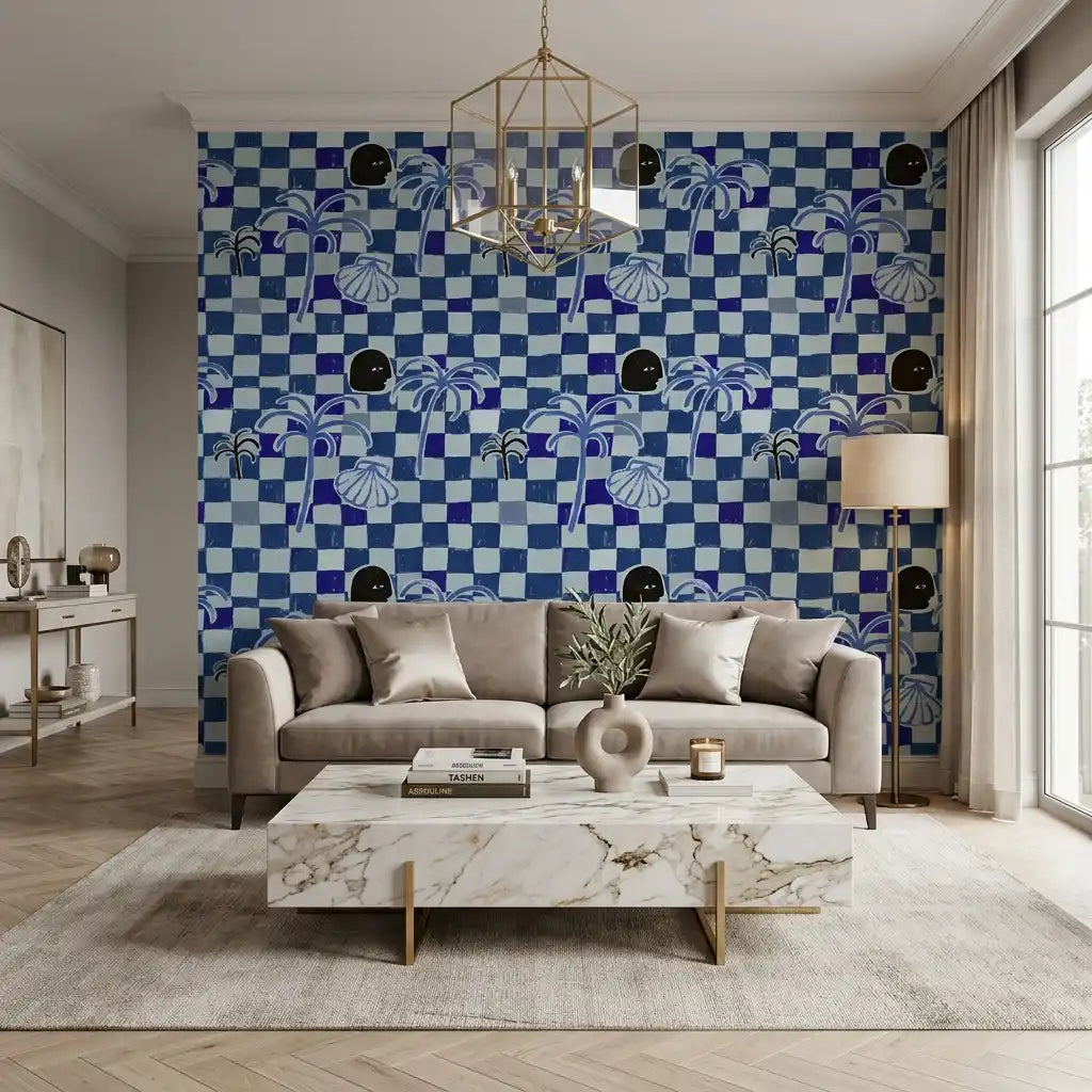Riviera Palms Checkerboard Wallpaper – Midnight Navy