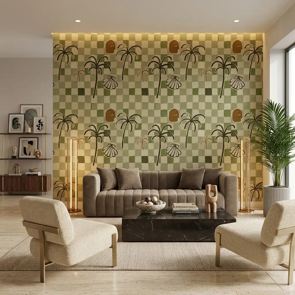 Riviera Palms Checkerboard Wallpaper – Palm Green
