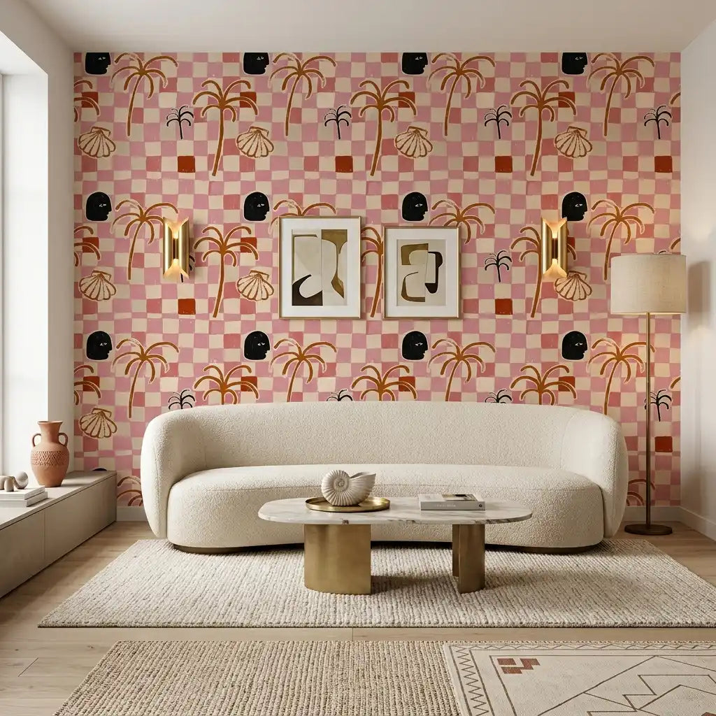 Riviera Palms Checkerboard Wallpaper – Rosé Terracotta