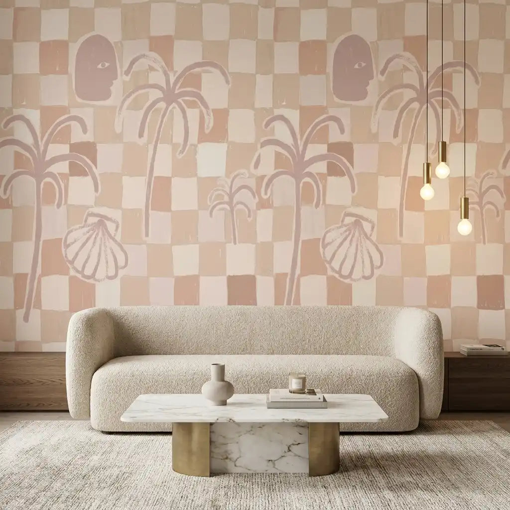 Riviera Palms Checkerboard Wallpaper – Shell Pink