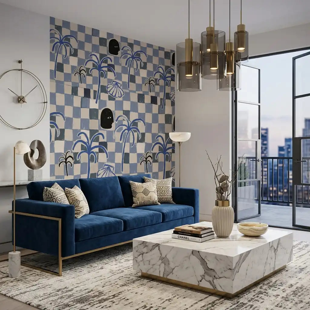 Riviera Palms Checkerboard Wallpaper – Slate Blue