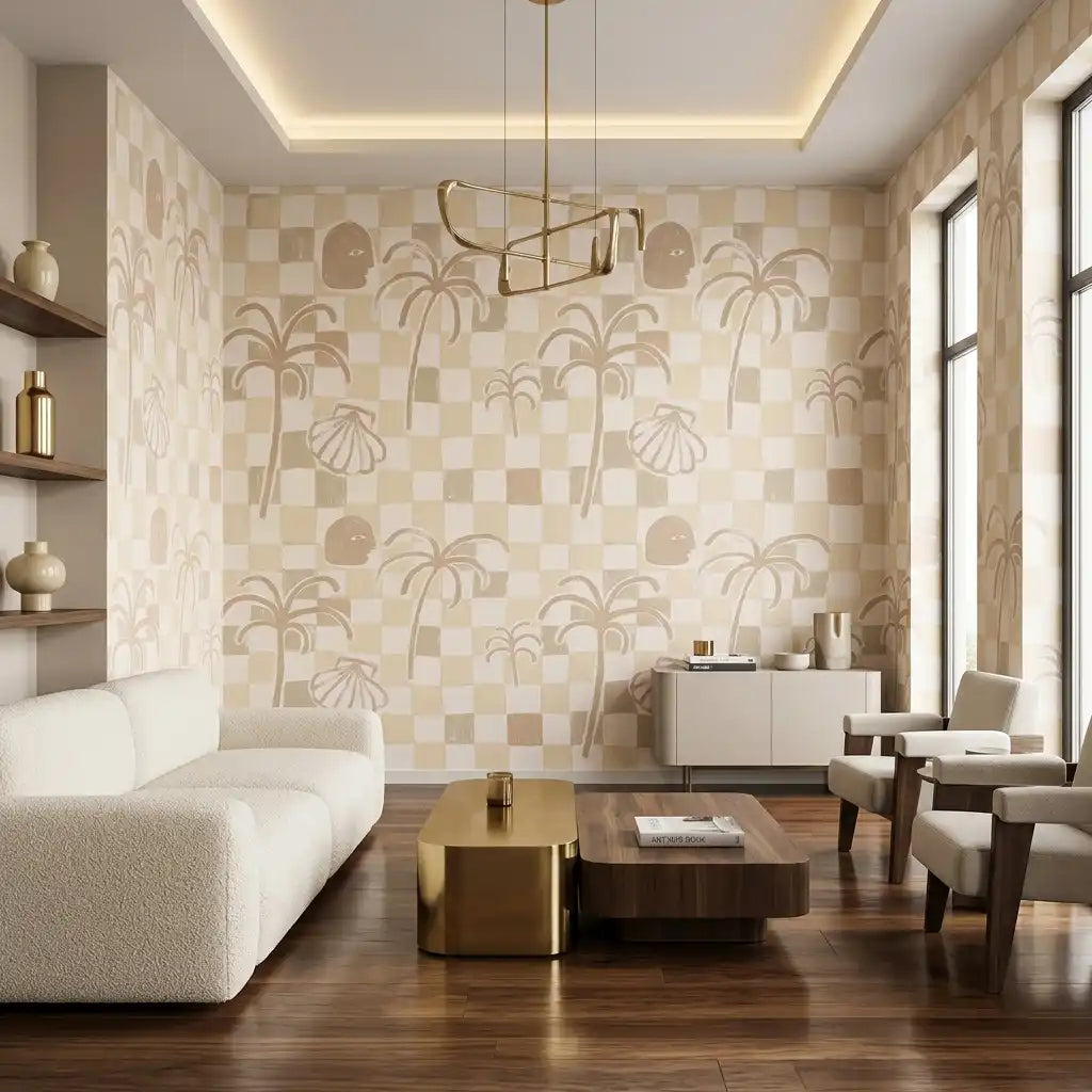 Riviera Palms Checkerboard Wallpaper – Vanilla Dune