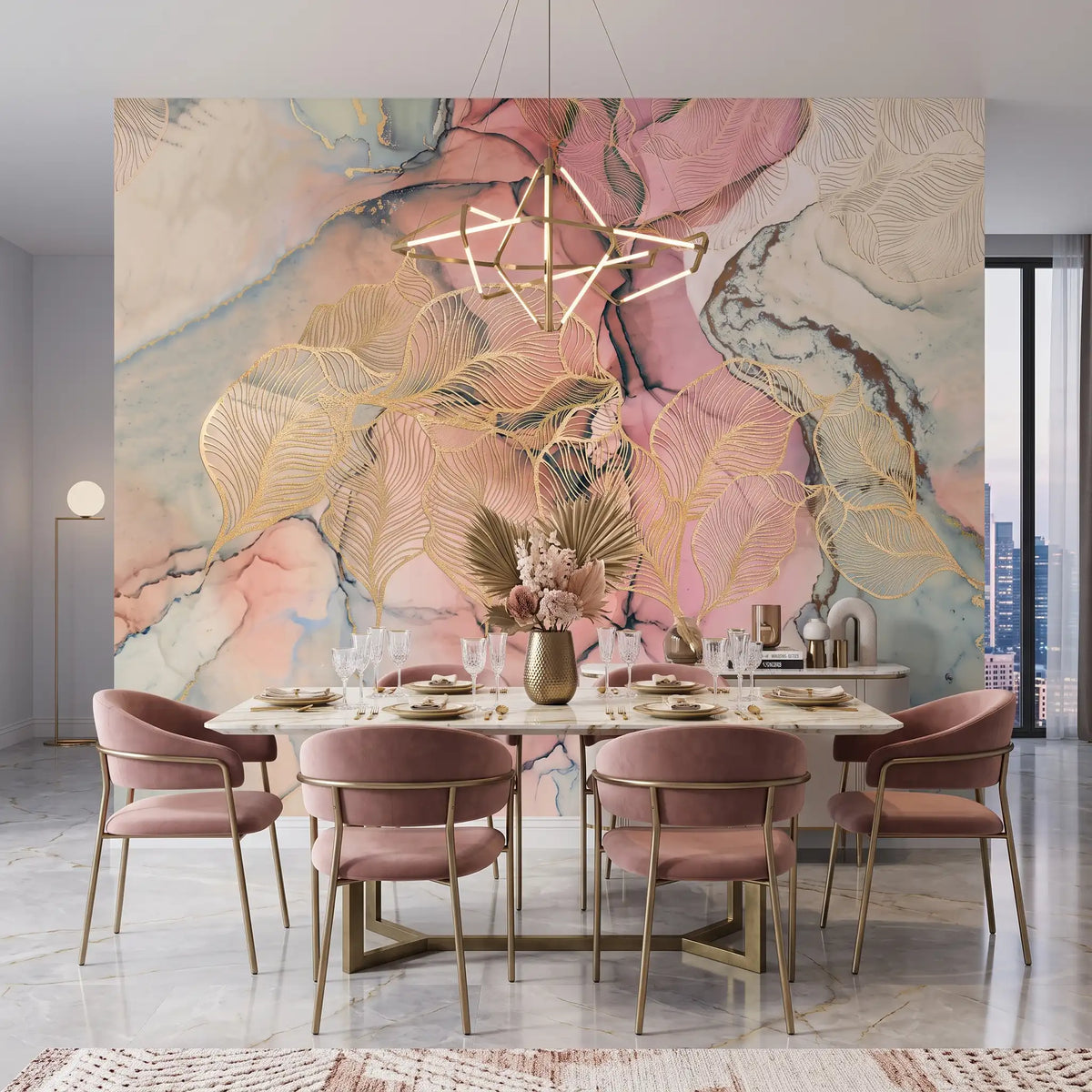 Rose Ink Abstract Wallpaper Mural – Dining Room