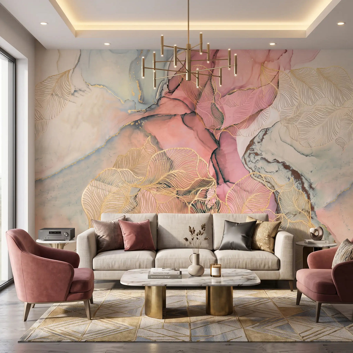 Rose Ink Abstract Wallpaper Mural – Living Room