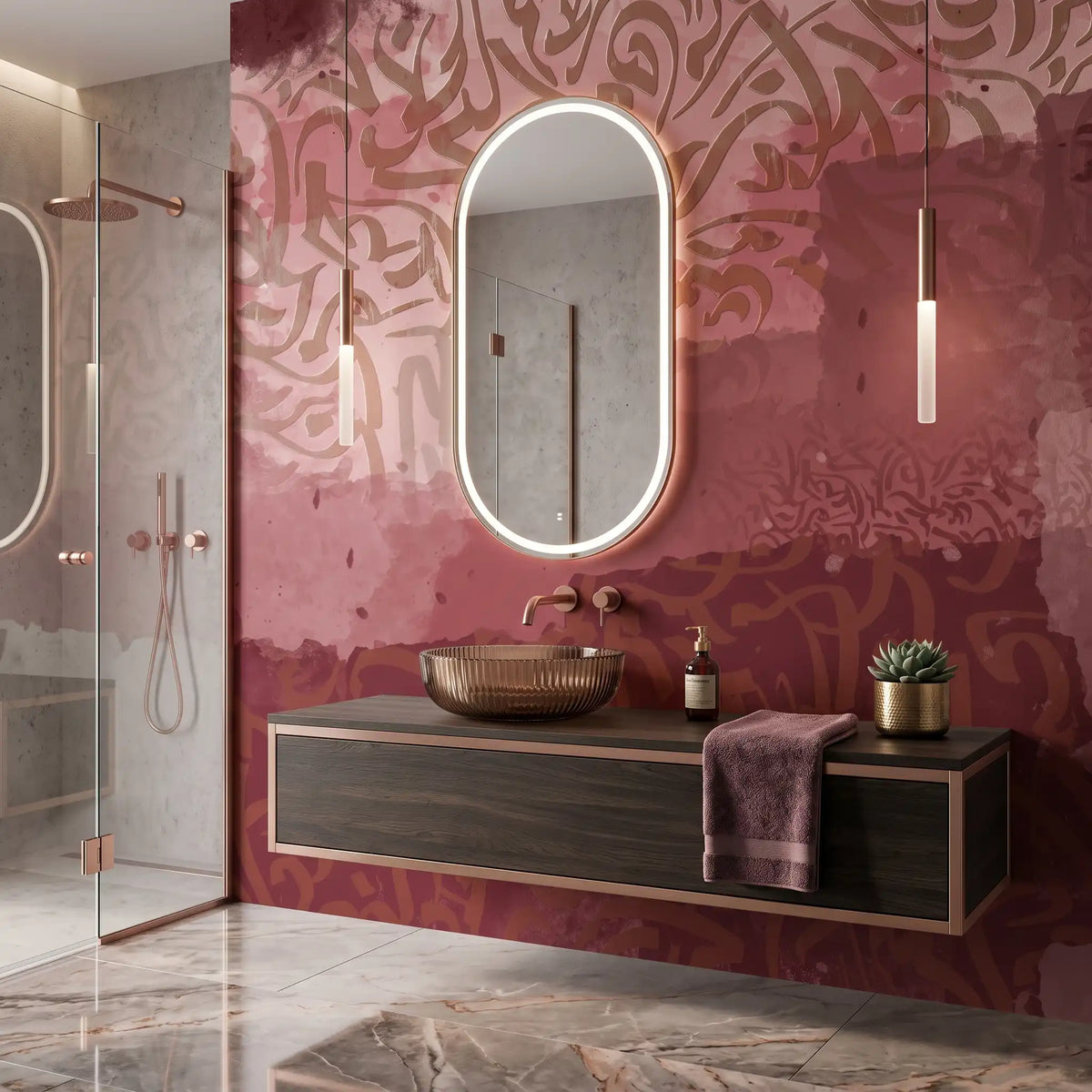 Ruby Gold Abstract Wallpaper Mural – Bathroom