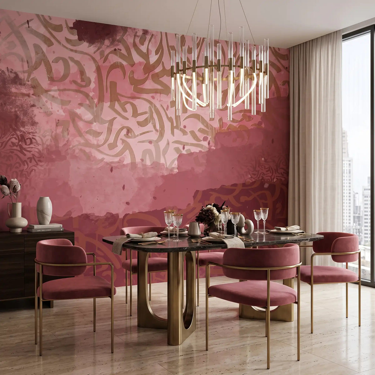 Ruby Gold Abstract Wallpaper Mural – Dining Room