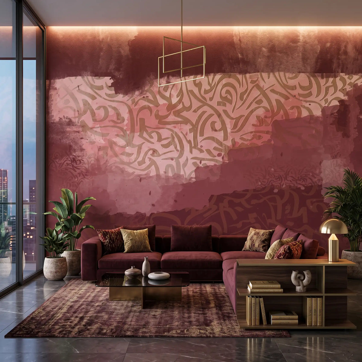 Ruby Gold Abstract Wallpaper Mural – Living Room