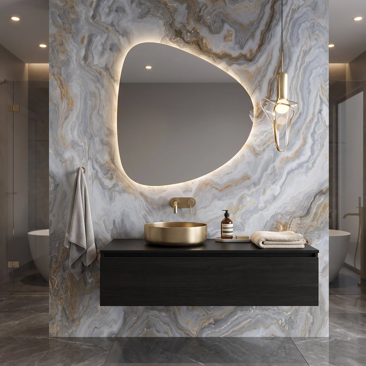 Silver Marble with Gold Veins Wallpaper Mural – Bathroom
