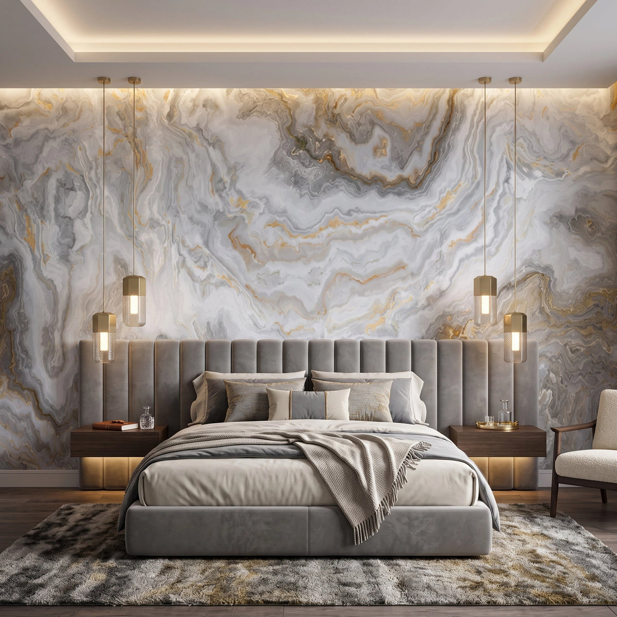 Silver Marble with Gold Veins Wallpaper Mural – Bedroom