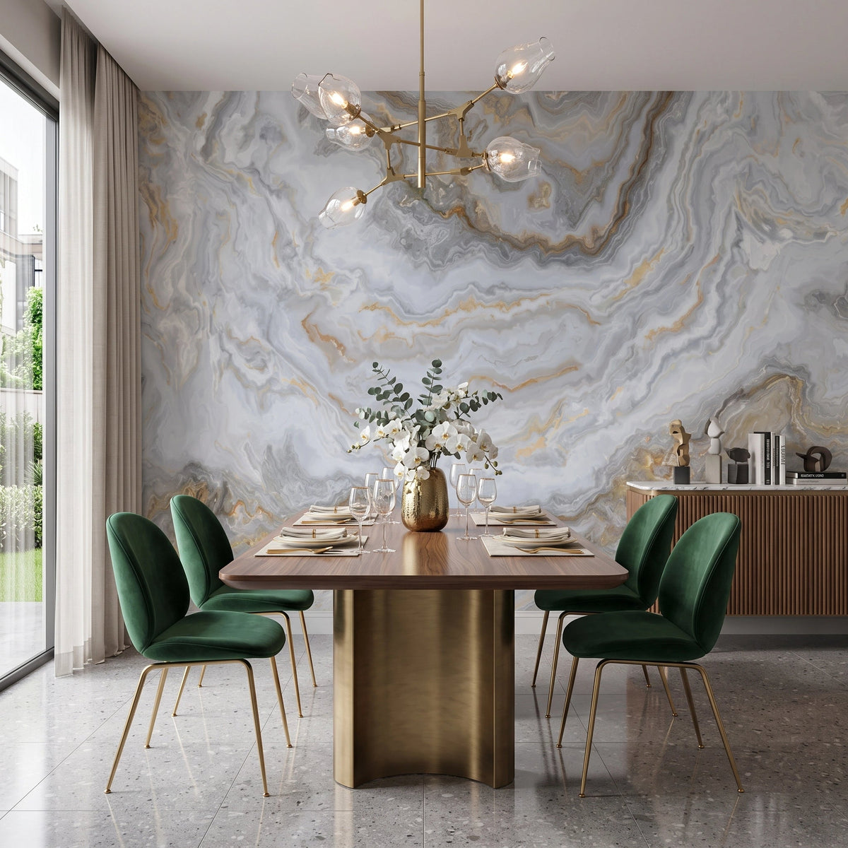 Silver Marble with Gold Veins Wallpaper Mural – Dining Room