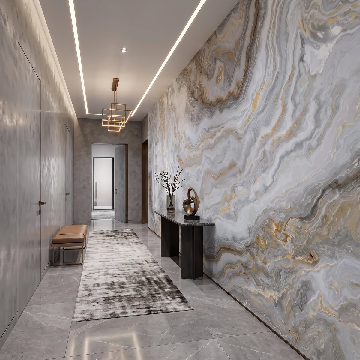 Silver Marble with Gold Veins Wallpaper Mural – Hallway