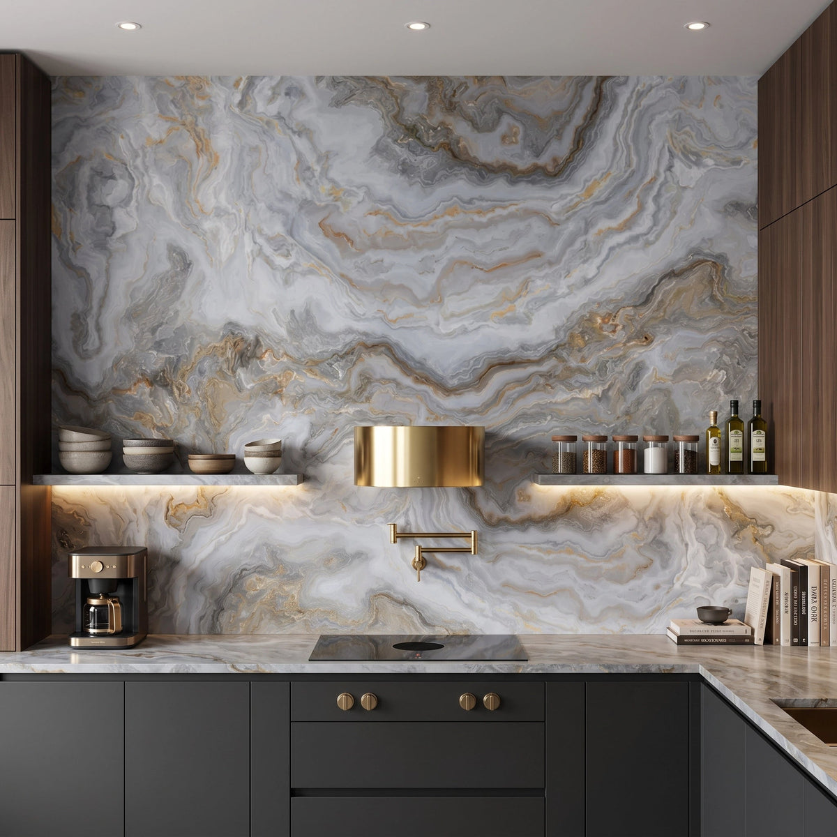 Silver Marble with Gold Veins Wallpaper Mural – Kitchen