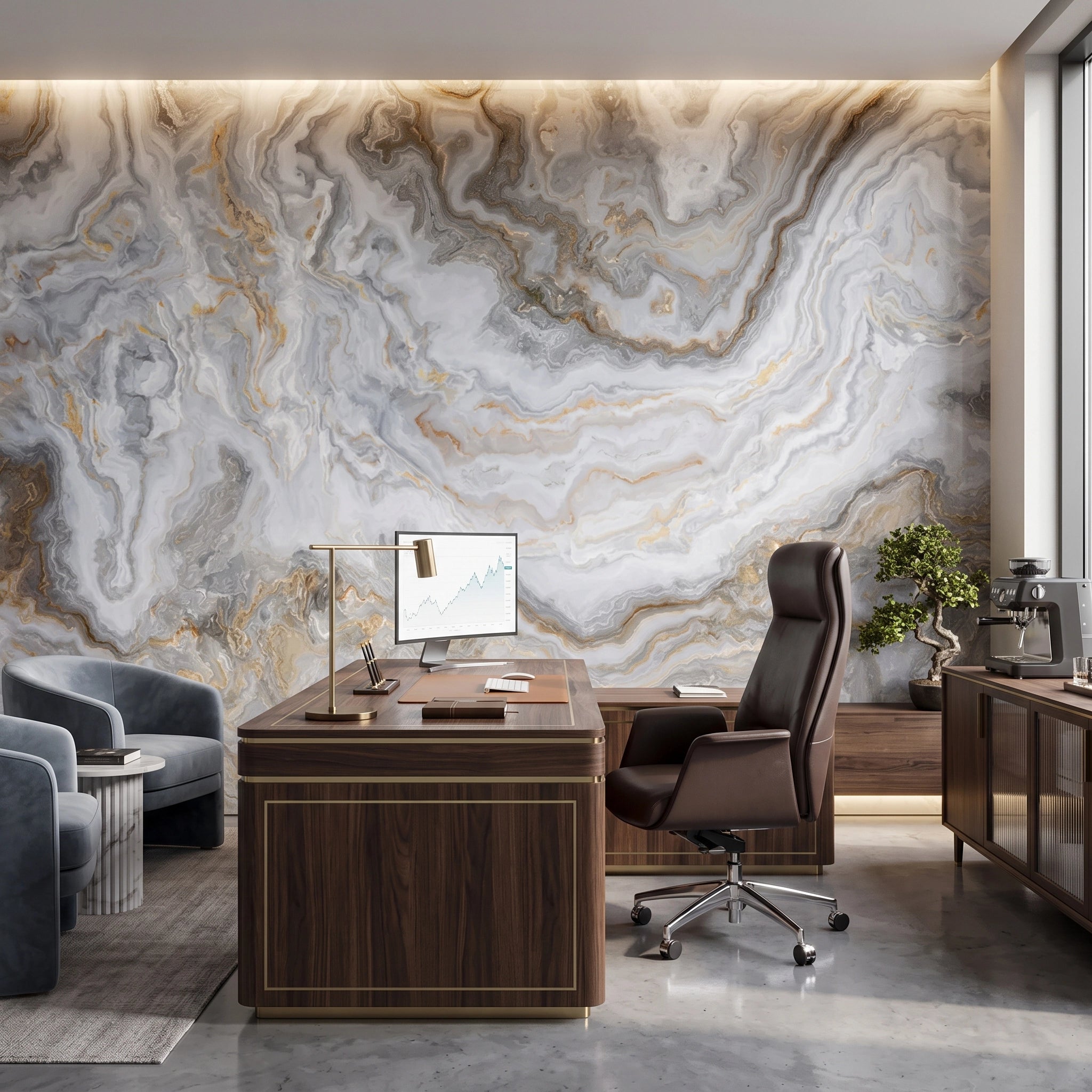 Silver Marble with Gold Veins Wallpaper Mural – Office