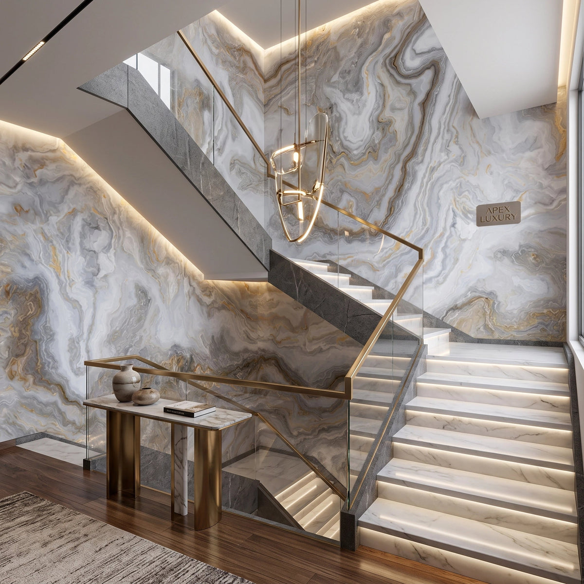 Silver Marble with Gold Veins Wallpaper Mural – Staircase