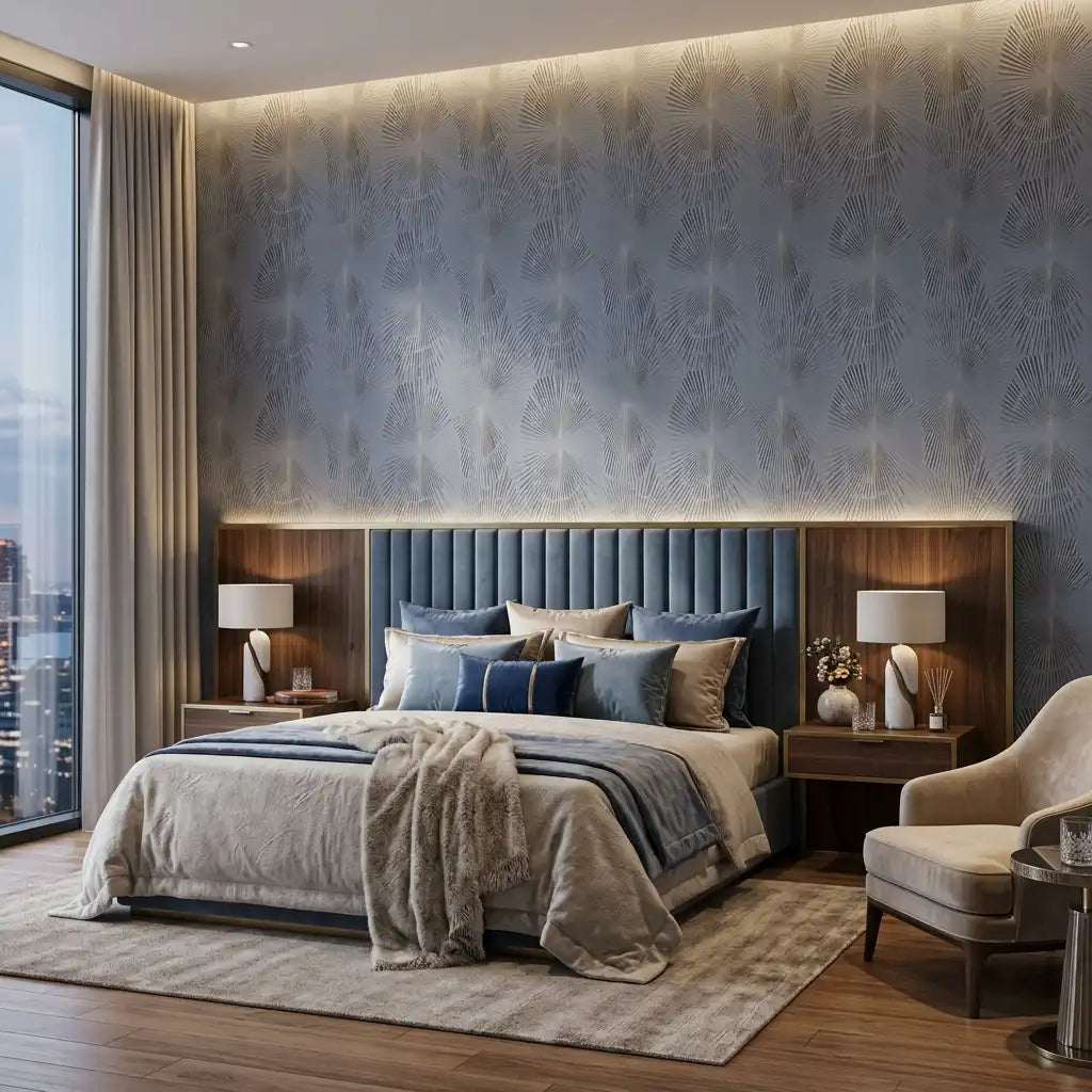 Slate Blue Linen Texture Wallpaper – Bedroom
