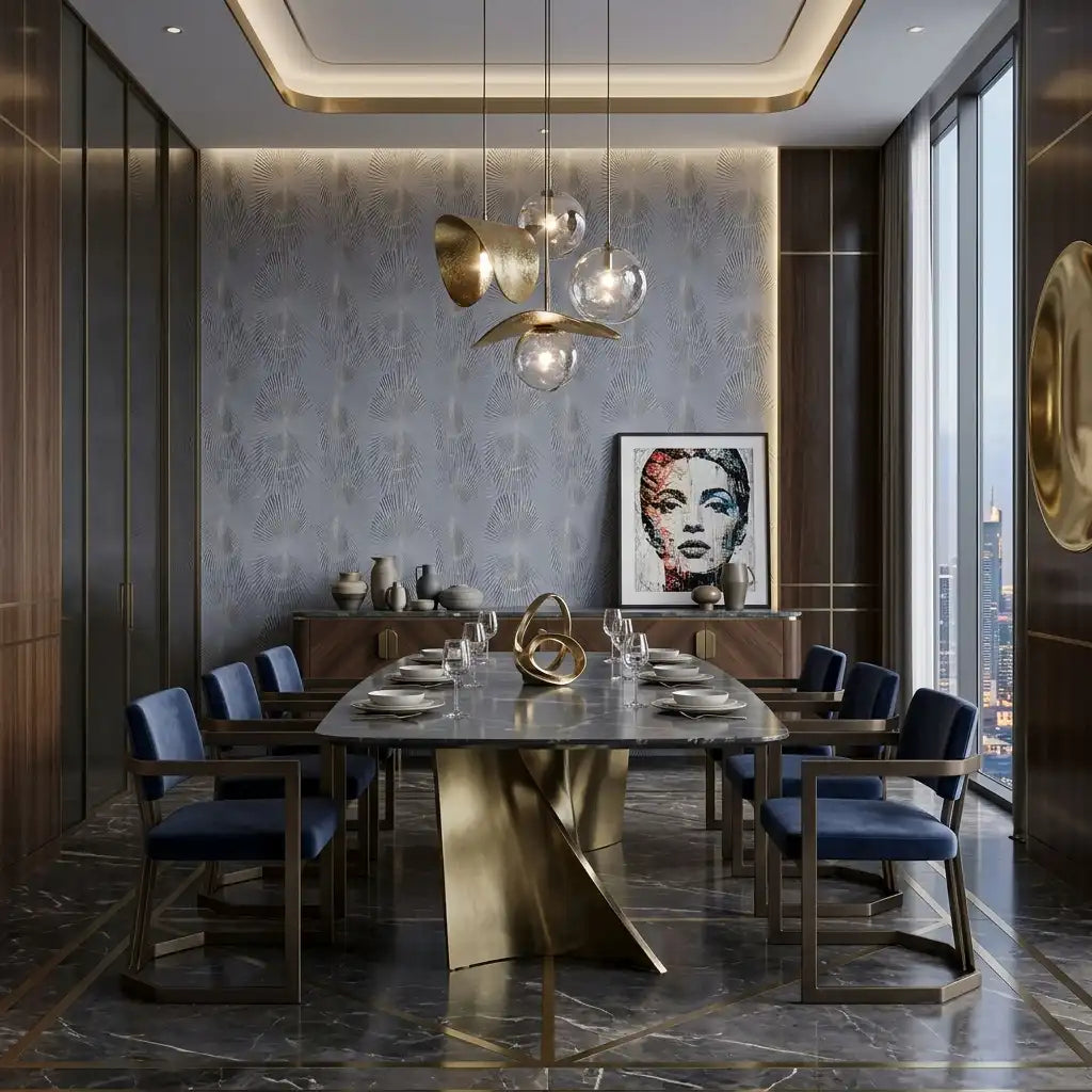 Slate Blue Linen Texture Wallpaper – Dining Room