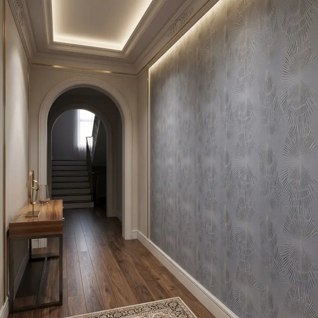 Slate Blue Linen Texture Wallpaper – Hallway