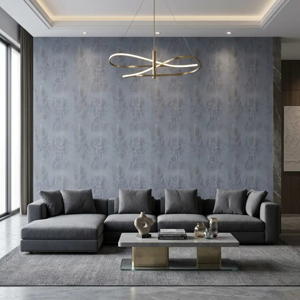 Slate Blue Linen Texture Wallpaper – Living Room