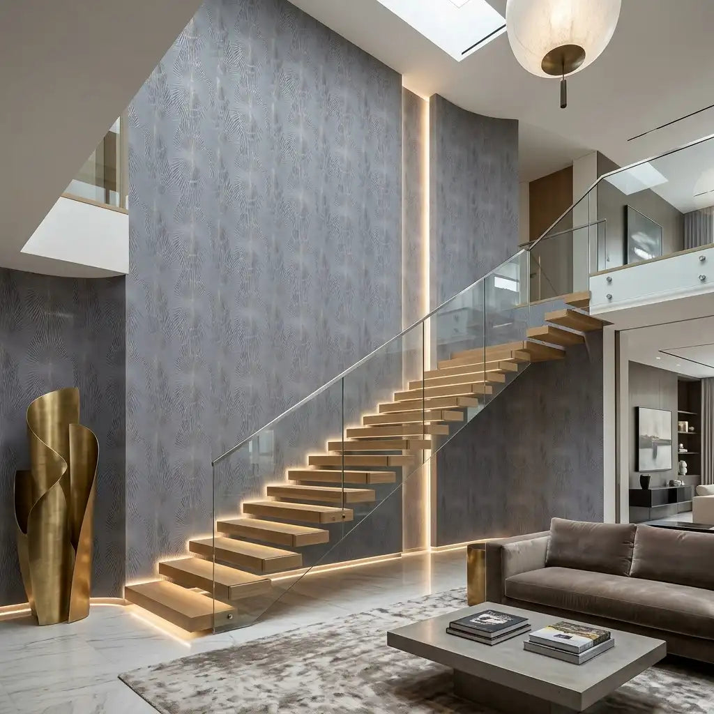 Slate Blue Linen Texture Wallpaper – Staircase