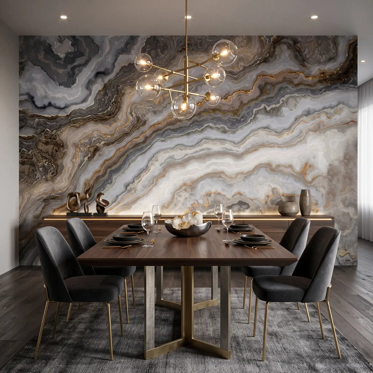 Smoky Agate Marble Wallpaper Mural – Dining Room