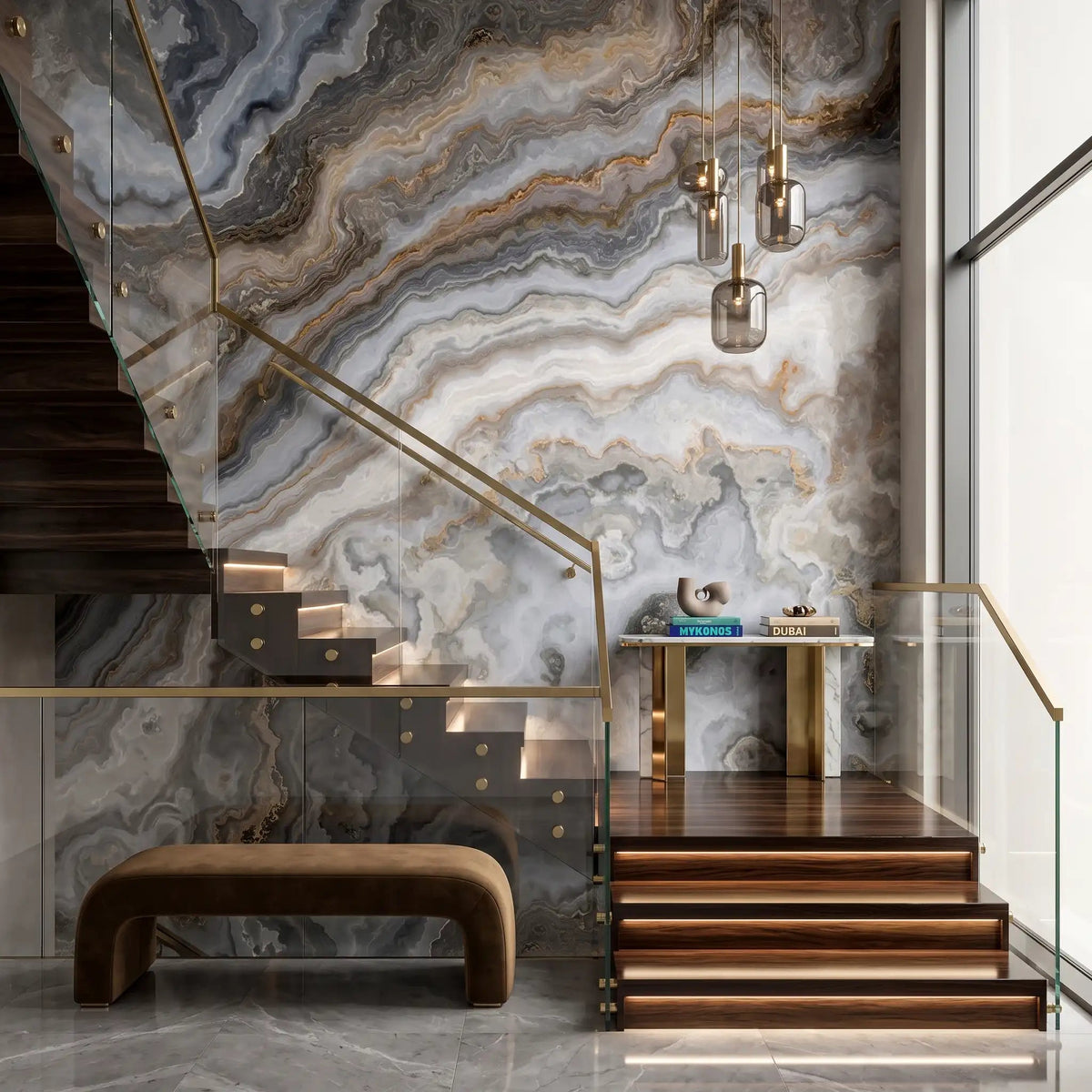 Smoky Agate Marble Wallpaper Mural – Staircase
