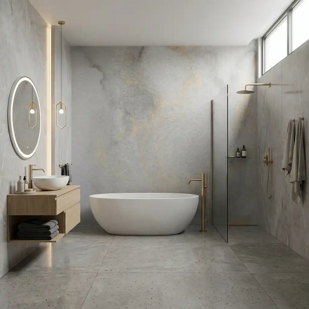 Soft Grey & Gold Fleck Wallpaper Mural – Bathroom