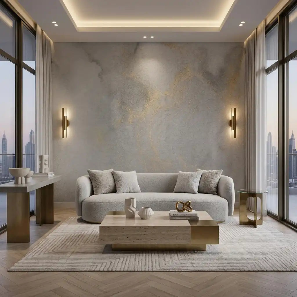 Soft Grey & Gold Fleck Wallpaper Mural – Living Room