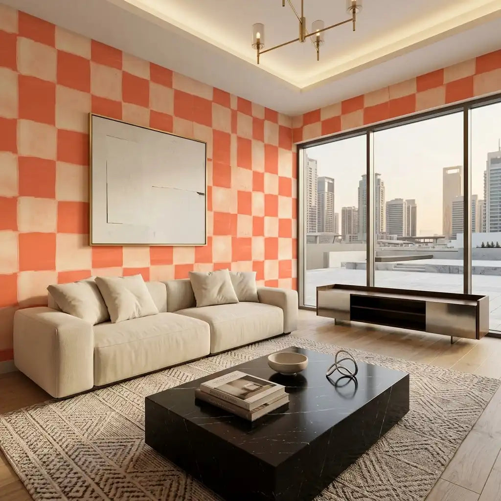 Soft Painted Checkerboard Wallpaper – Coral Sunset