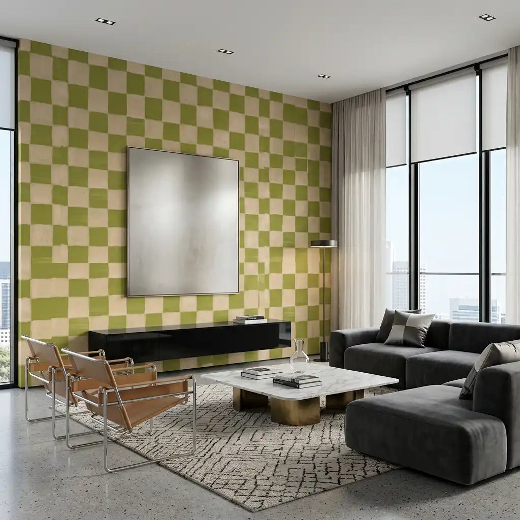 Soft Painted Checkerboard Wallpaper – Olive Grove