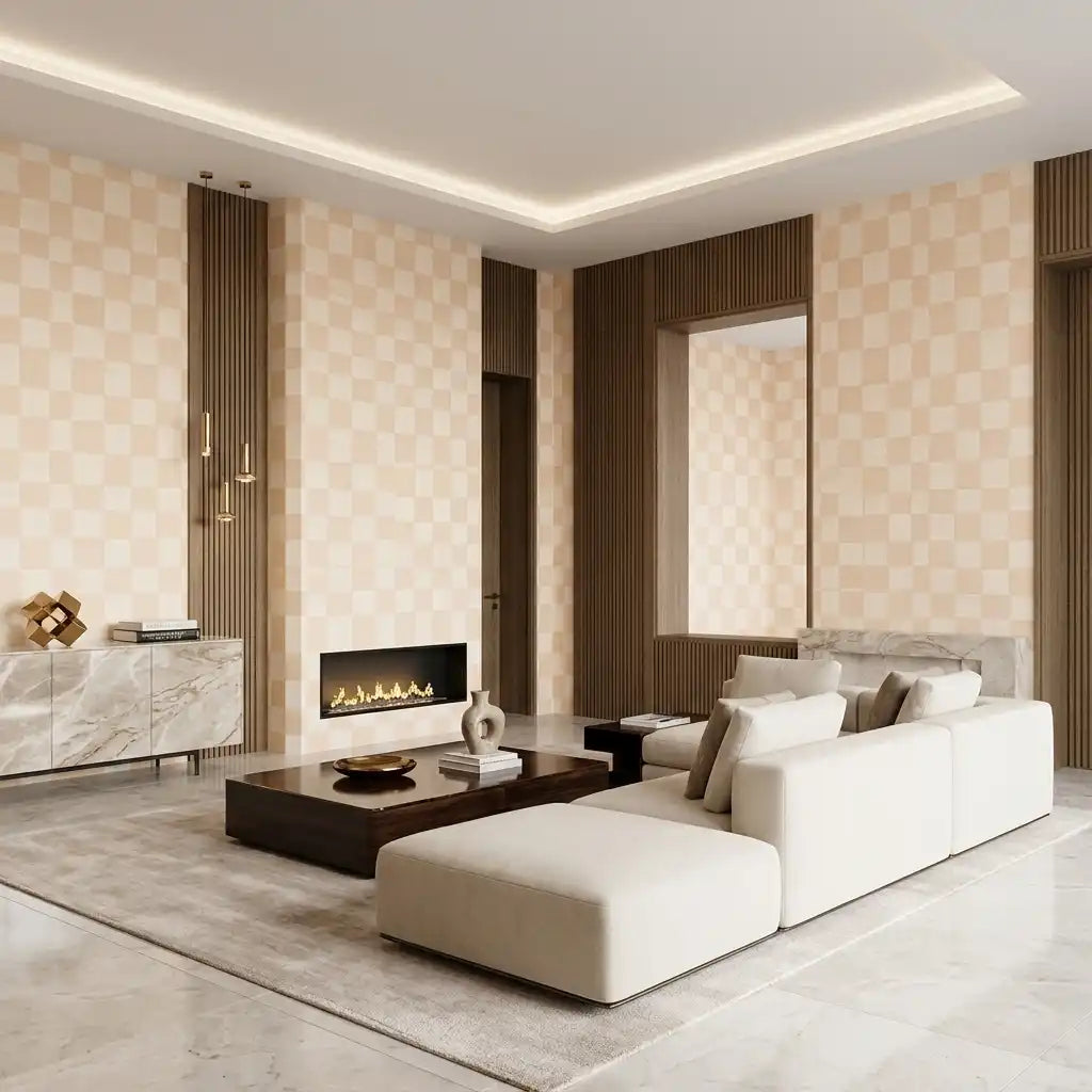 Soft Painted Checkerboard Wallpaper – Warm Sand