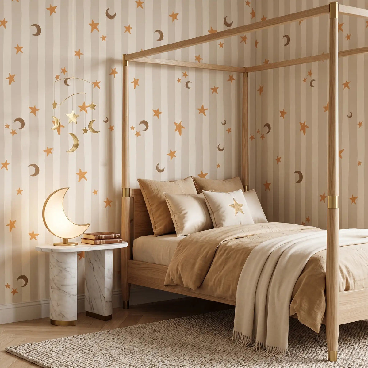 Stars & Moons Stripe Wallpaper – Oat Milk Marigold