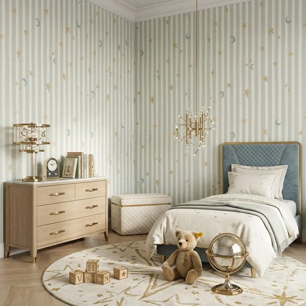 Stars & Moons Stripe Wallpaper – Sage Mist