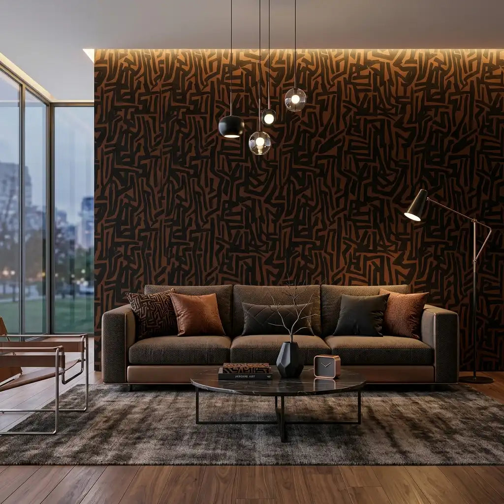 Tangled Ribbon Wallpaper – Charcoal Rust room