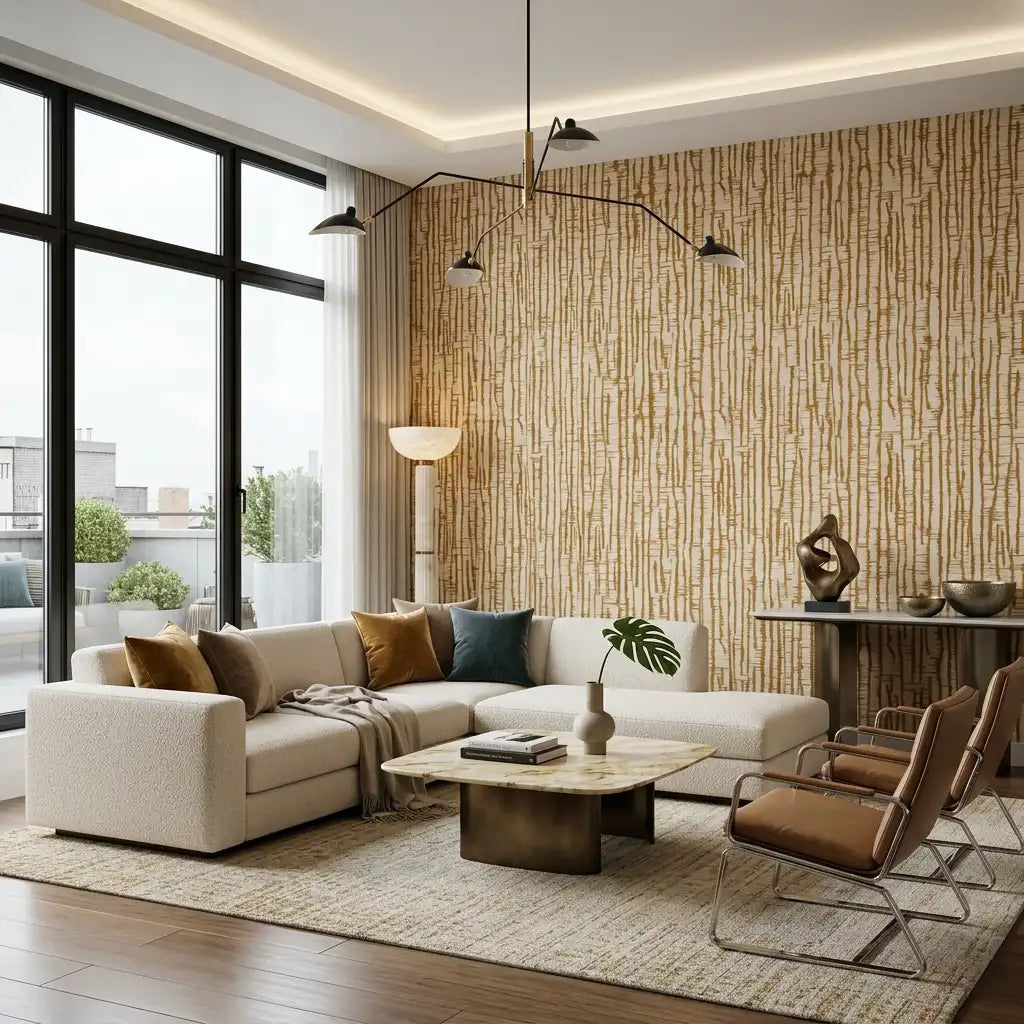 Vertical Drip Line Wallpaper – Amber Oat room