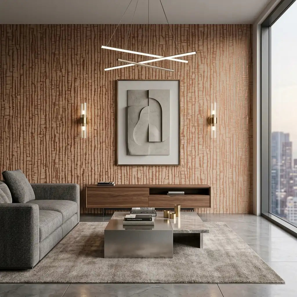 Vertical Drip Line Wallpaper – Copper Sand room