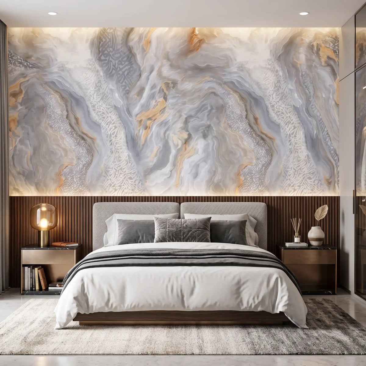 White Cloud Marble Wallpaper Mural – Bedroom