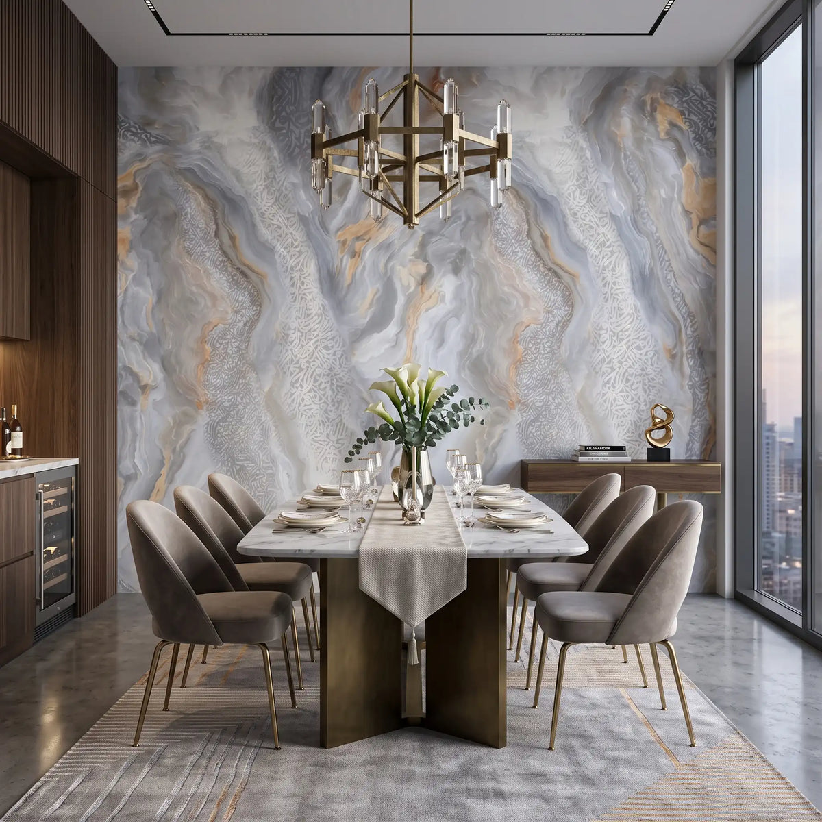White Cloud Marble Wallpaper Mural – Dining Room