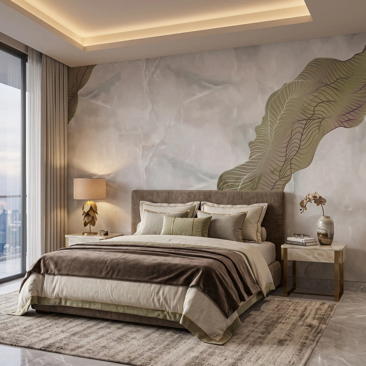 White Gold Vein Marble Wallpaper Mural – Bedroom