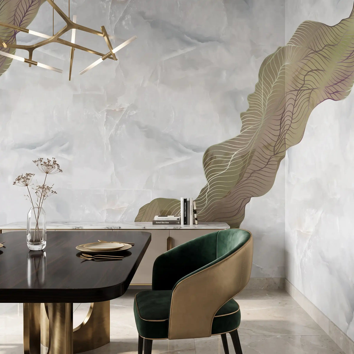White Gold Vein Marble Wallpaper Mural – Dining Room