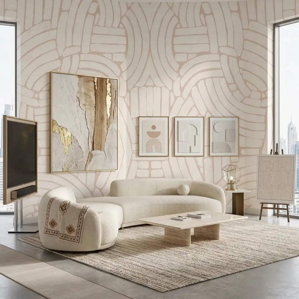 Woven Arches Line Art Wallpaper – Rose Cream